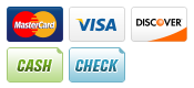 MasterCard, Visa, Discover, Cash, Check